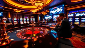 Excited players winning at the new66 casino with luxurious roulette and poker games.