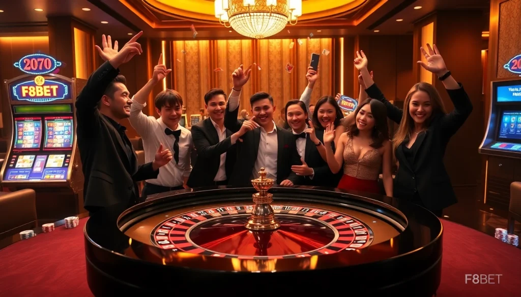 Players enjoying an exciting moment at F8BET's luxurious casino table with poker chips.