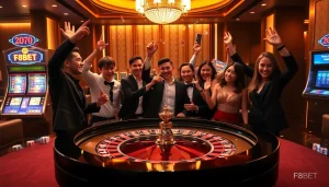 Players enjoying an exciting moment at F8BET's luxurious casino table with poker chips.