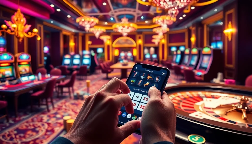 The 5GBET App in action at a luxurious casino, featuring poker chips and high-end casino tables.