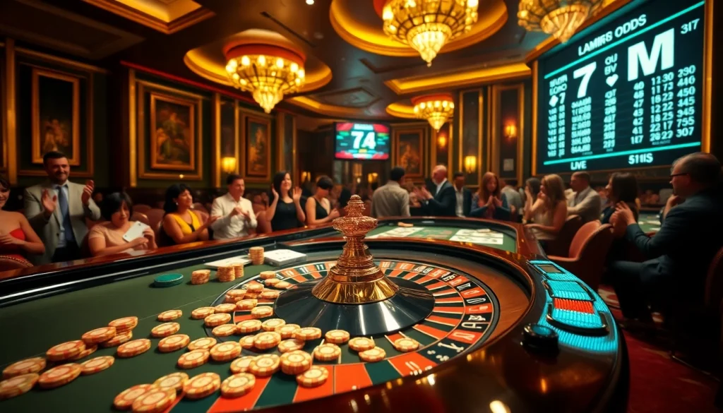 Engaging scene of a casino roulette table with vibrant chips and 7m odds displayed.