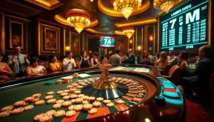 Engaging scene of a casino roulette table with vibrant chips and 7m odds displayed.