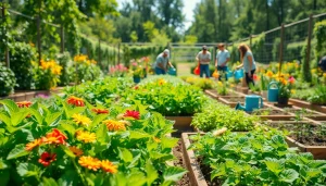 Engaging community scene with gardeners cultivating diverse plants and flowers in a vibrant Gardening setting.