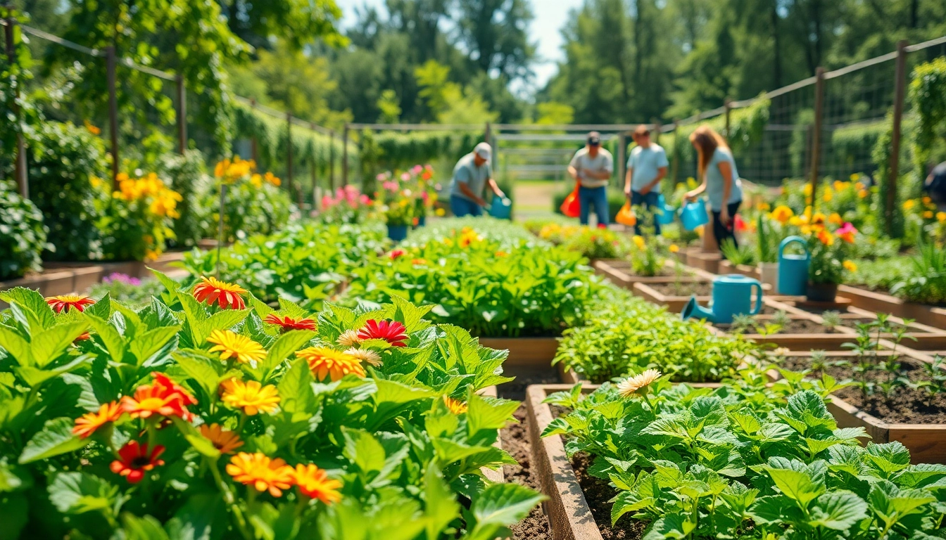 Engaging community scene with gardeners cultivating diverse plants and flowers in a vibrant Gardening setting.