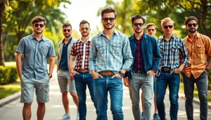 Stylish men’s casual outfits in a vibrant outdoor scene showcasing modern fashion trends.