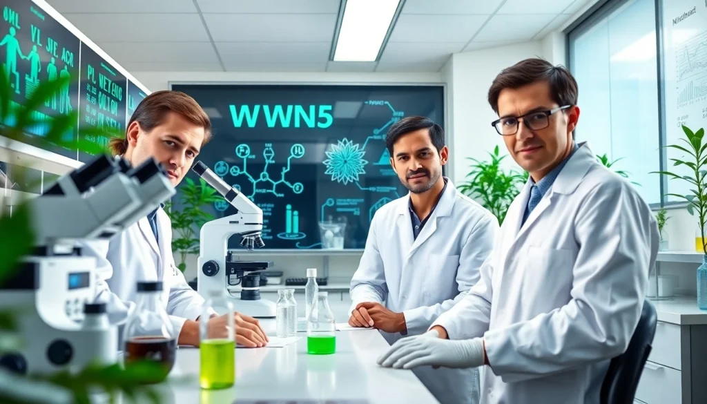A modern laboratory scene showcasing WIN55 cannabinoid research with scientists at work.
