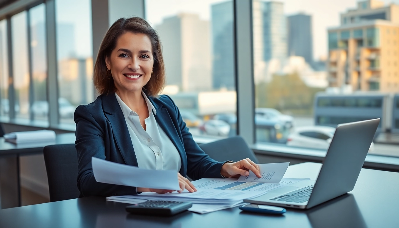 Księgowość dla firmy transportowej prezentowana w nowoczesnym biurze; profesjonalny księgowy przegląda dokumenty finansowe.
