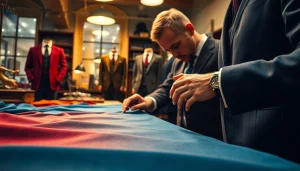 Tailor made bespoke suits being crafted by an expert tailor in a stylish workshop atmosphere.