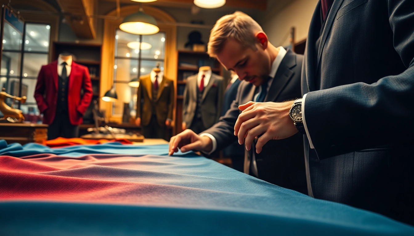 Tailor made bespoke suits being crafted by an expert tailor in a stylish workshop atmosphere.
