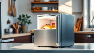 Explore the sleek design of a mini freezer in a modern kitchen setting with open doors filled with food.