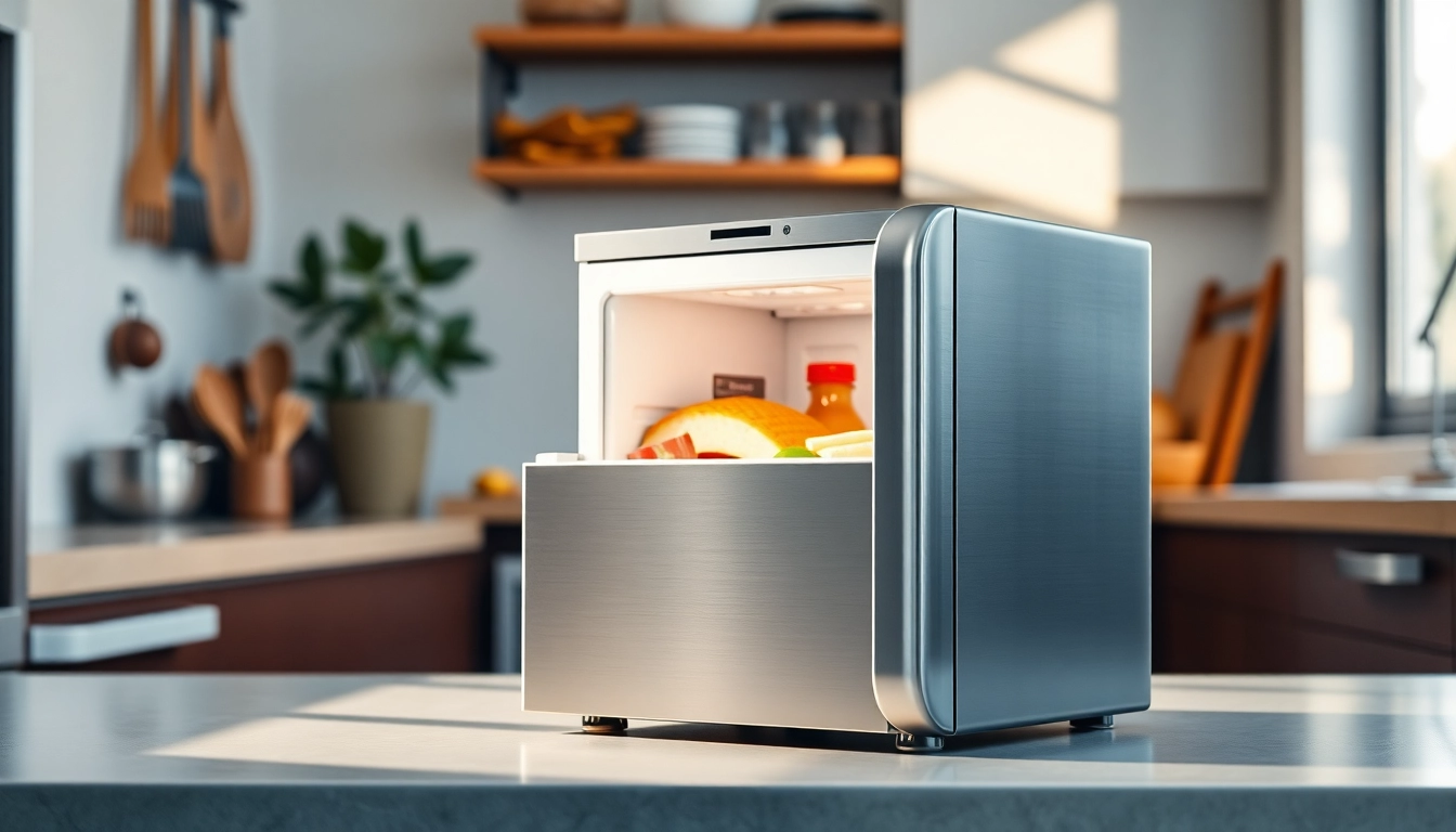 Explore the sleek design of a mini freezer in a modern kitchen setting with open doors filled with food.