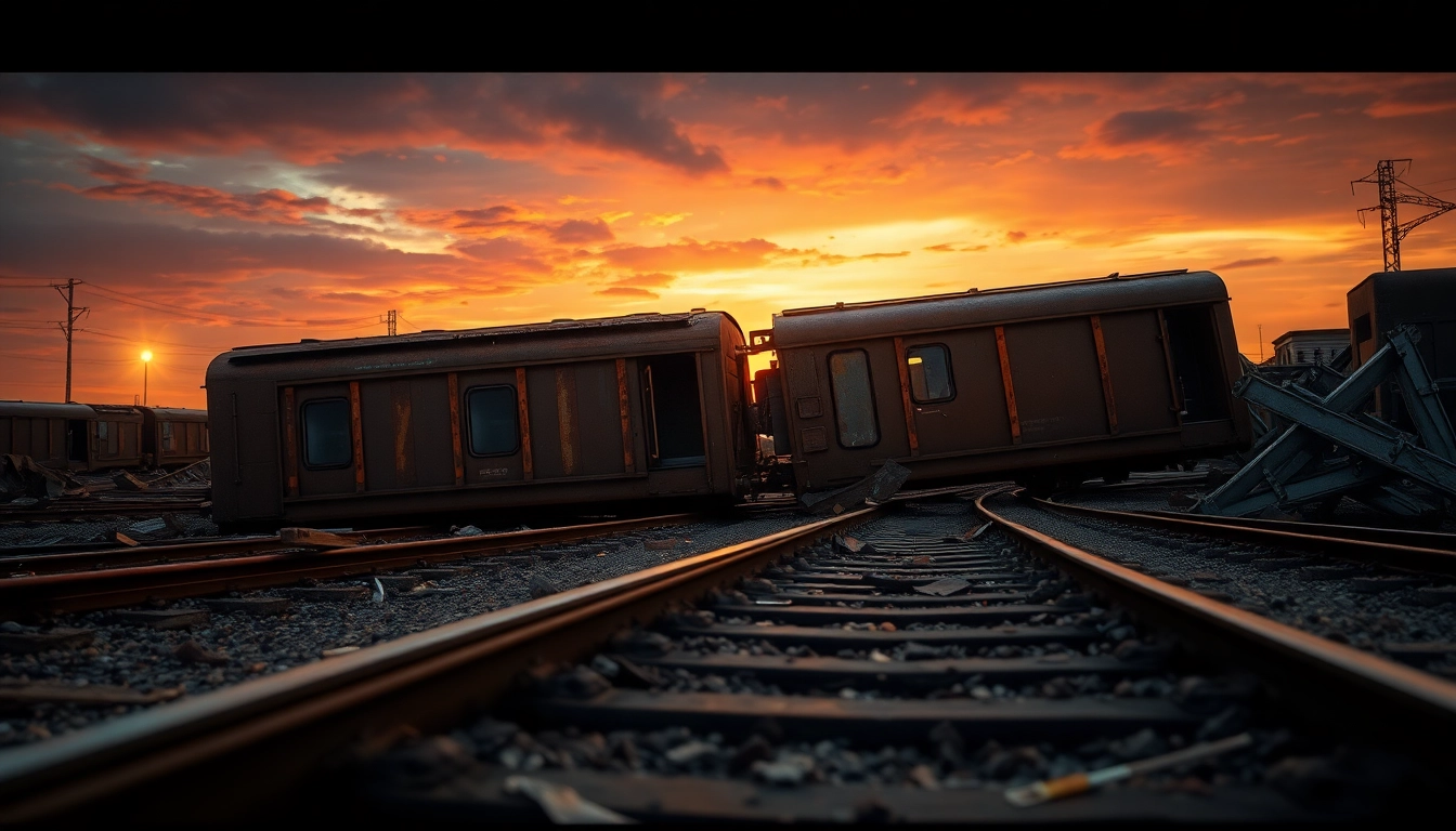 Train derailment causing chaos and disruption amidst broken tracks and warm sunset hues.