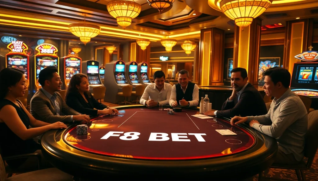 Players enjoying a thrilling poker game at F8 BET's luxurious casino setting.