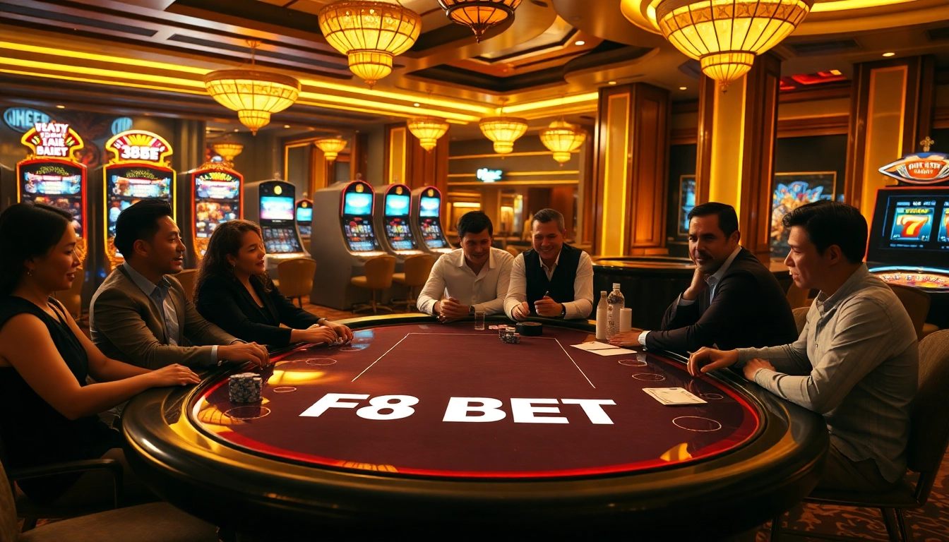 Players enjoying a thrilling poker game at F8 BET's luxurious casino setting.