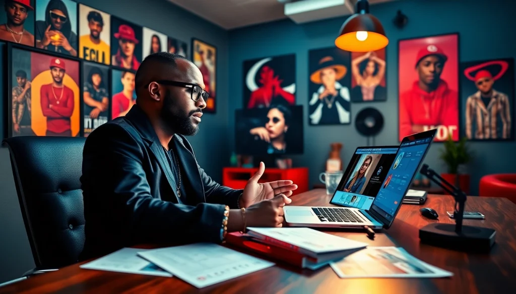 A dedicated hip hop publicist strategizing with a musician in a vibrant office, showcasing creativity and teamwork.