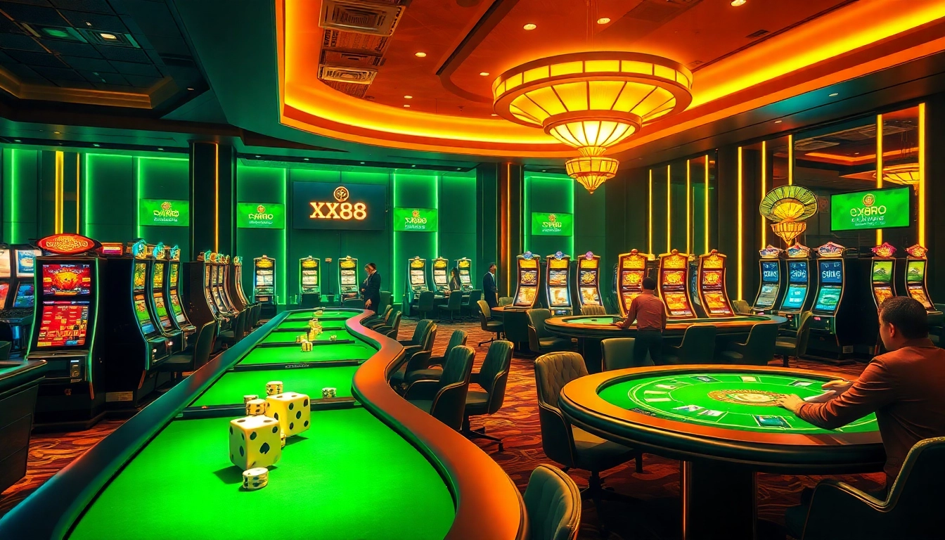 Experience thrilling gaming at xx88 with a vibrant casino scene featuring delighted players and professional dealers.