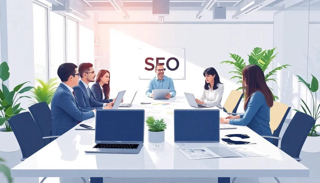 Engaging SEO strategy meeting showcasing diverse professionals in action.