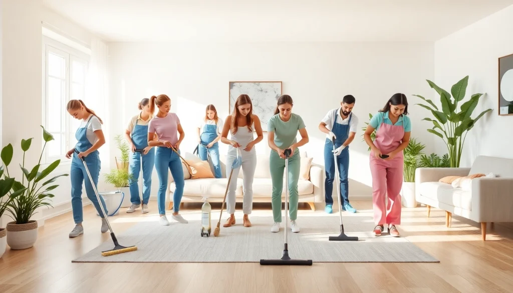 Showcasing a professional cleaning service team transforming a neat living room space.