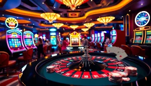 Image showcasing an exciting casino environment with a roulette table and vibrant lights, reflecting the essence of https://luck8.name/ online gaming.