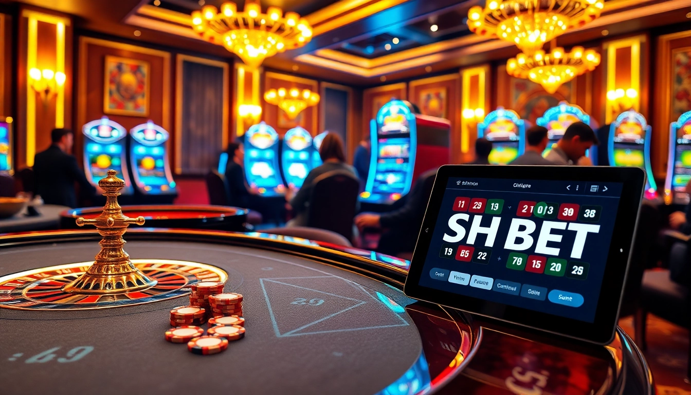 Experience high-stakes gaming with SHBET, featuring vibrant casino tables and professional gaming equipment.