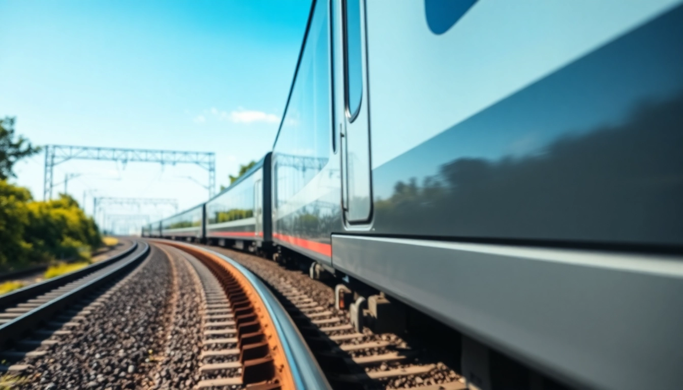 Efficient railway company train speeding through a scenic landscape.
