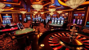 Engage in high-stakes gambling at rr88 com's luxurious casino tables with players and roulette wheels.