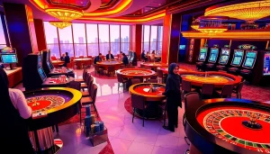 Thrilling gambling experience at 99win casino with vibrant poker tables and lively atmosphere.