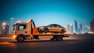 Quick response car recovery service by https://trtrecoveryuae.com in a dynamic, nighttime Dubai setting.