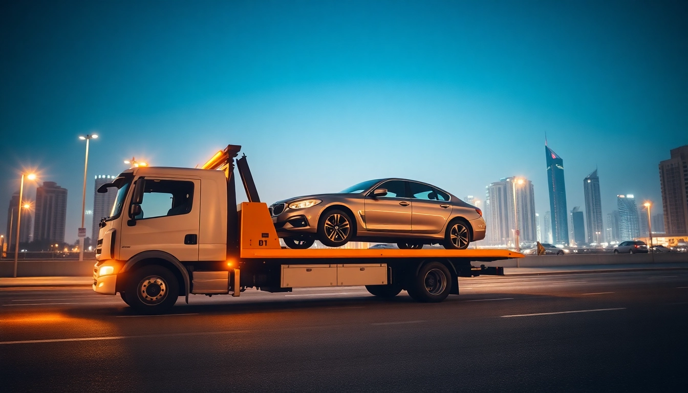 Quick response car recovery service by https://trtrecoveryuae.com in a dynamic, nighttime Dubai setting.