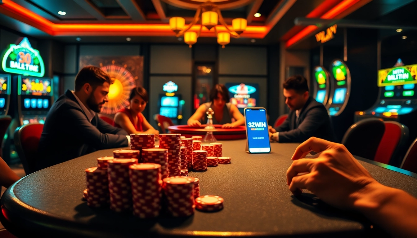 Players strategizing at a 32WIN high-stakes poker table in a glamorous casino setting.