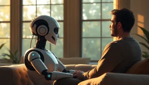 AI sex interaction in a cozy, modern setting with a human and digital companion.