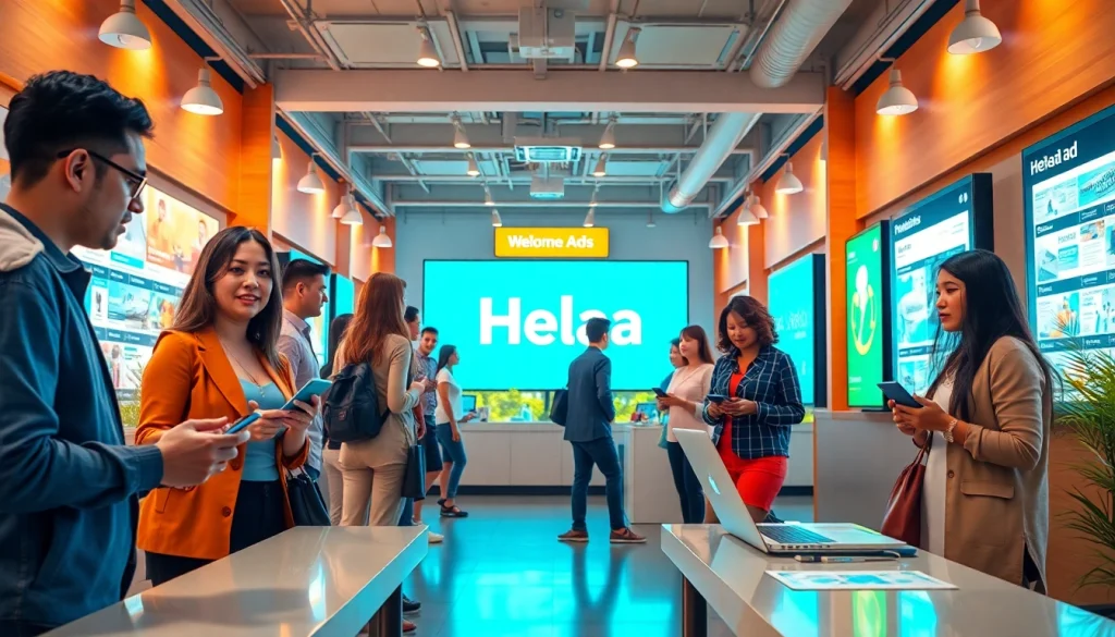 People engaging with Hela Ads in a vibrant digital marketplace, showcasing friendly interactions & diverse technology.