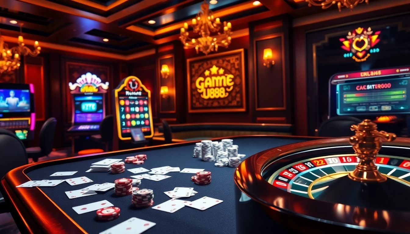 Experience the excitement of Game U888 with a vibrant casino scene showcasing cards, chips, and digital interfaces.