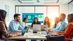 Illustration explaining What is a CRM for WhatsApp through a professional business meeting.