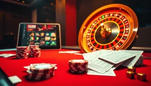 UU88 casino scene with poker chips, roulette wheel, and online betting interface for an engaging experience.