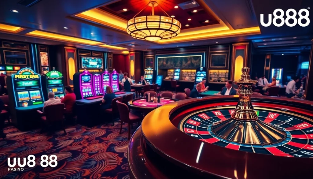 Experience thrilling gameplay at uu88 with vibrant casino elements like poker tables and slot machines.