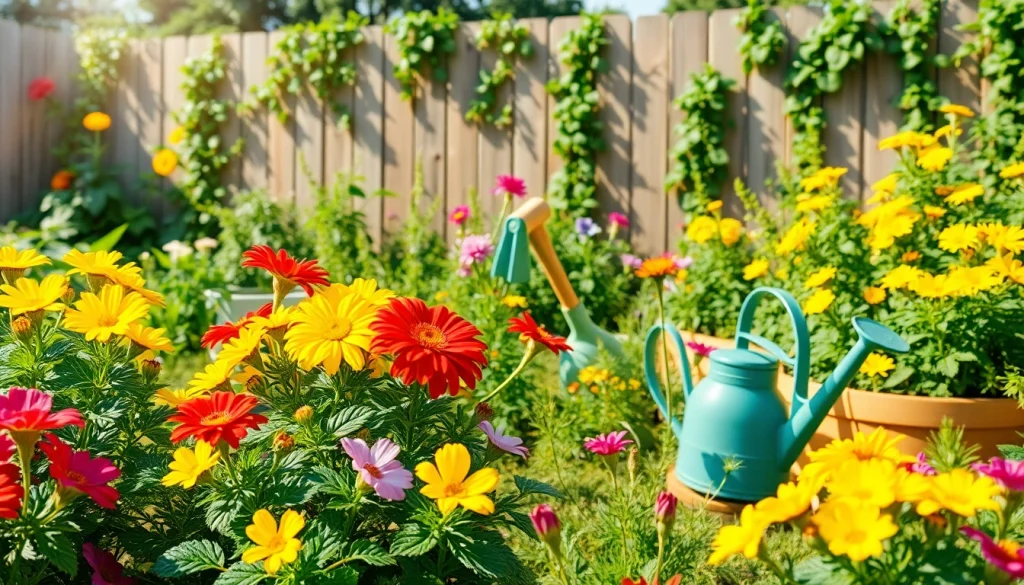 Engaging Gardening scene with vibrant flowers and tools in a sunlit environment.