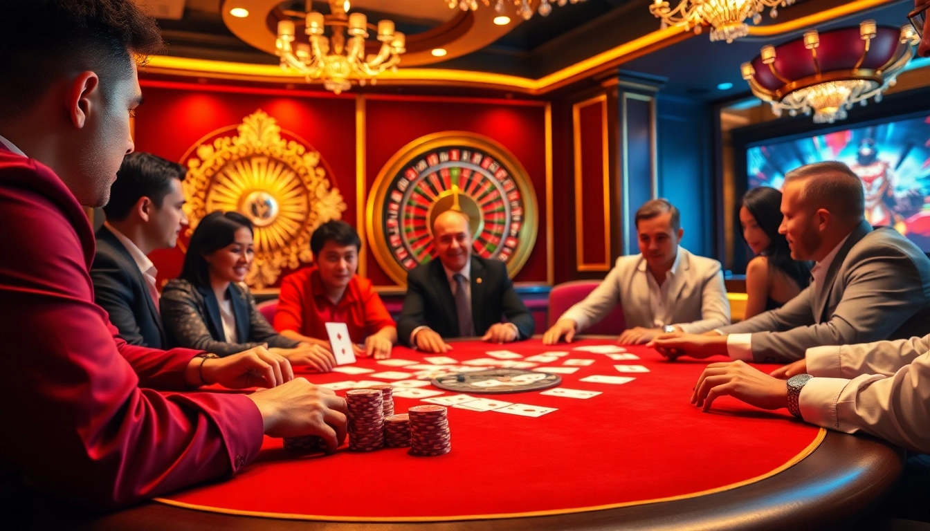Players enjoying a thrilling card game experience at Trang chủ Go99 casino, with vibrant colors and luxurious setup.