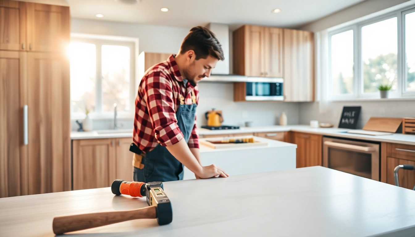 Revamping a kitchen during home renovation with modern tools and design elements.