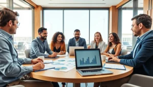 Engaged business professionals collaborating in a modern office environment.