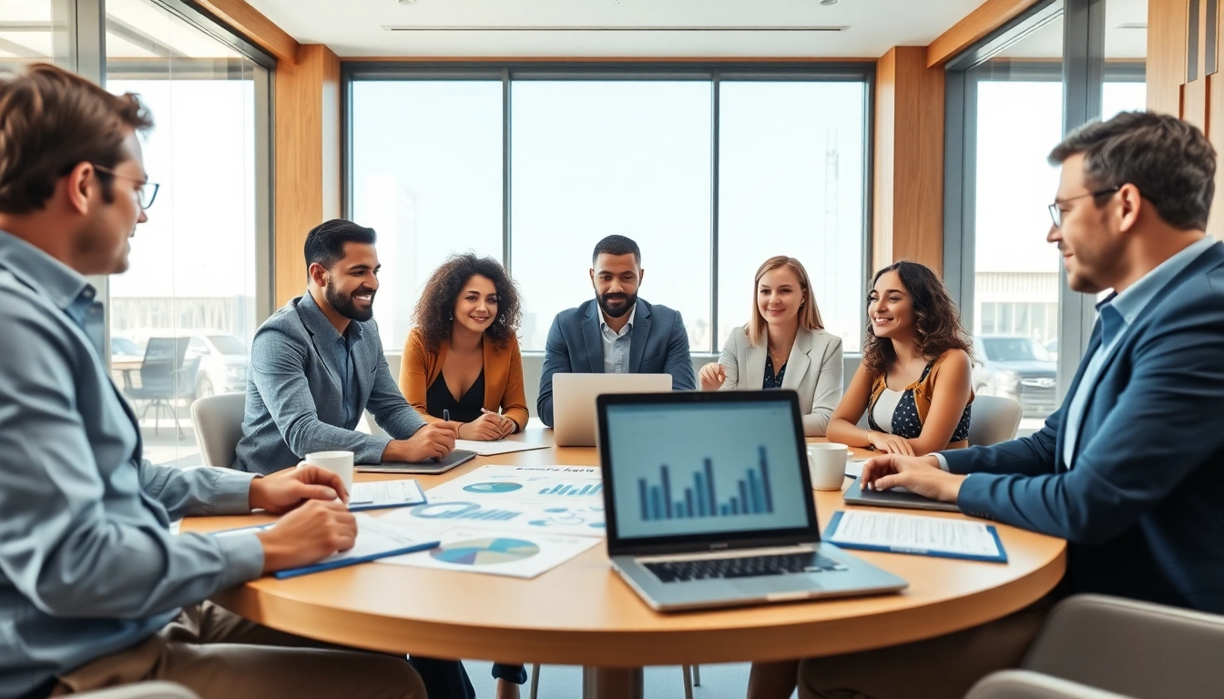 Engaged business professionals collaborating in a modern office environment.