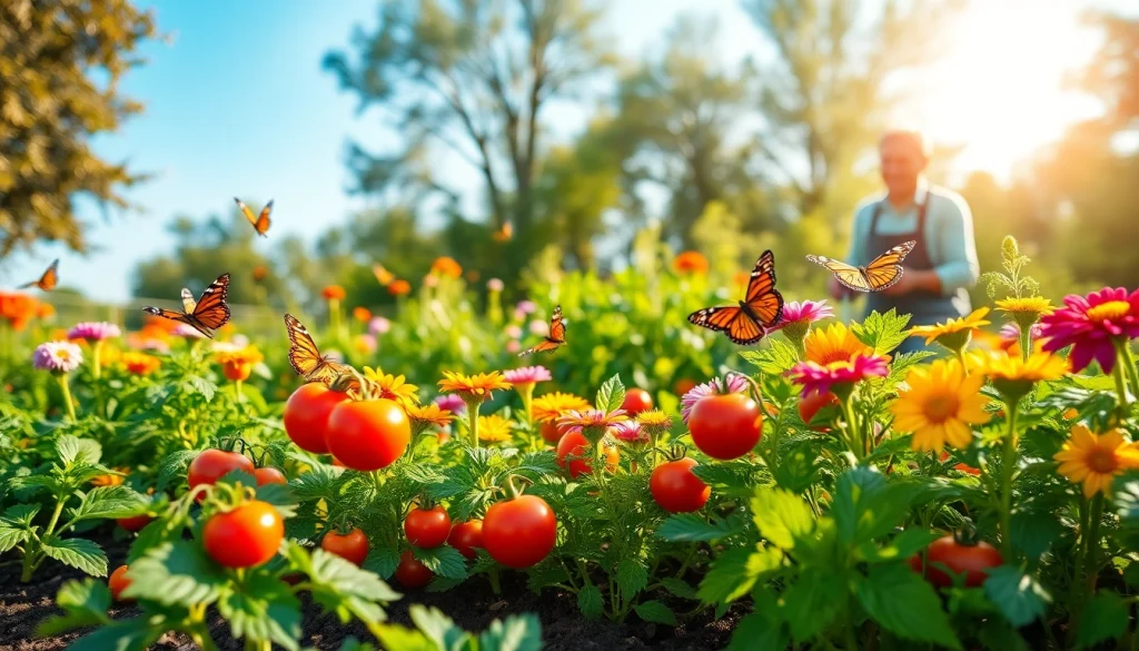 Gardening scene with a vibrant vegetable garden, showcasing colorful plants and a gardener at work.