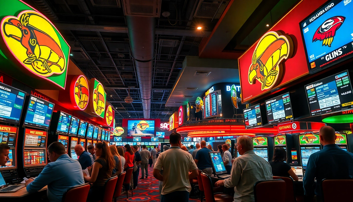 Engaged bettors in vibrant sports betting scene focused on sports betting in Oklahoma.