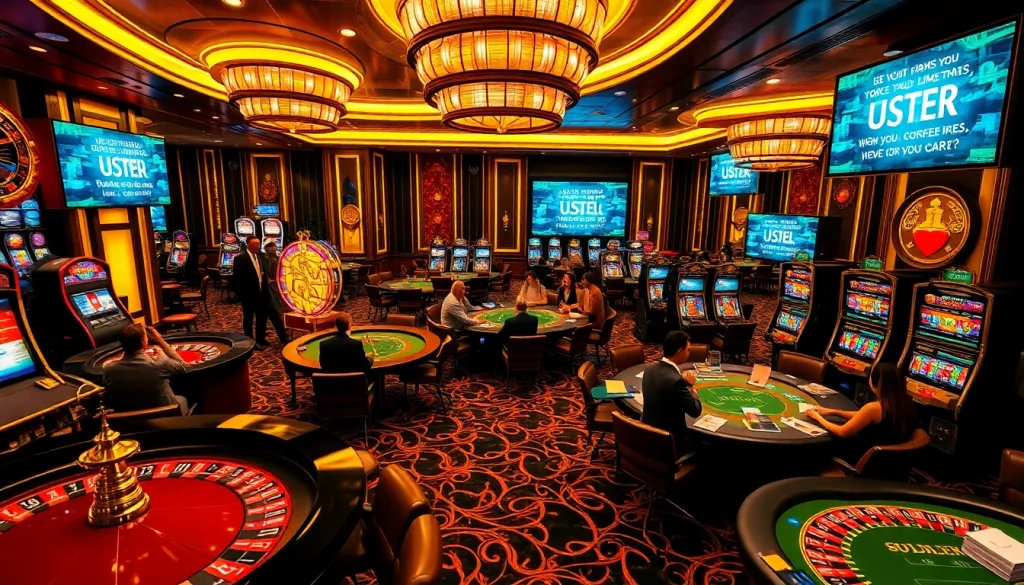 Engaging gamblers in a luxurious casino atmosphere showcasing 주소모음 URLs on digital screens.