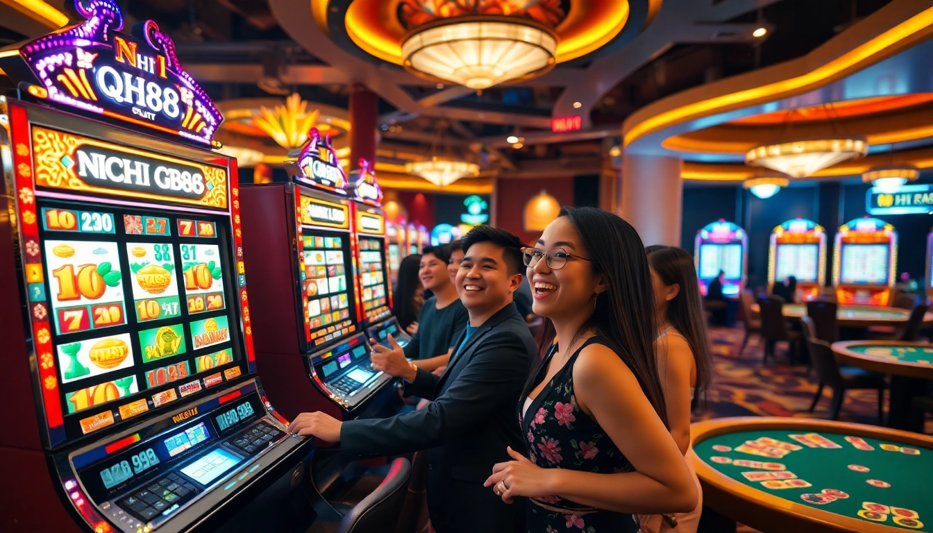 Nổ Hũ QH88 slot machine surrounded by excited players in a luxurious casino setting.
