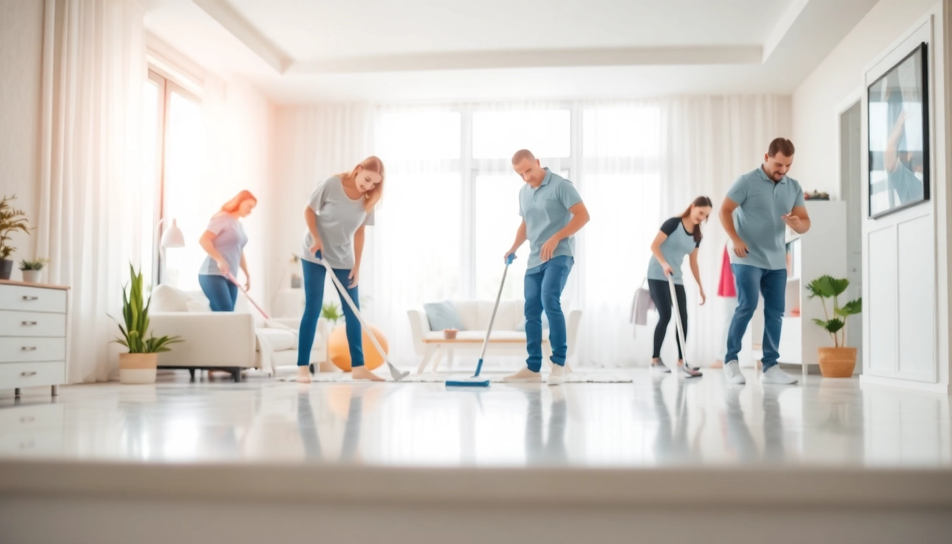Cleaning service team diligently tidying up a bright, modern living space showcasing their professional skills.