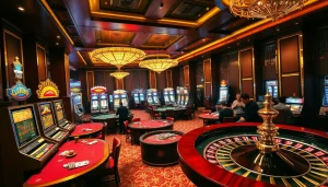 Dynamic scene of players experiencing a nhà cái uy tín in a luxurious casino environment.