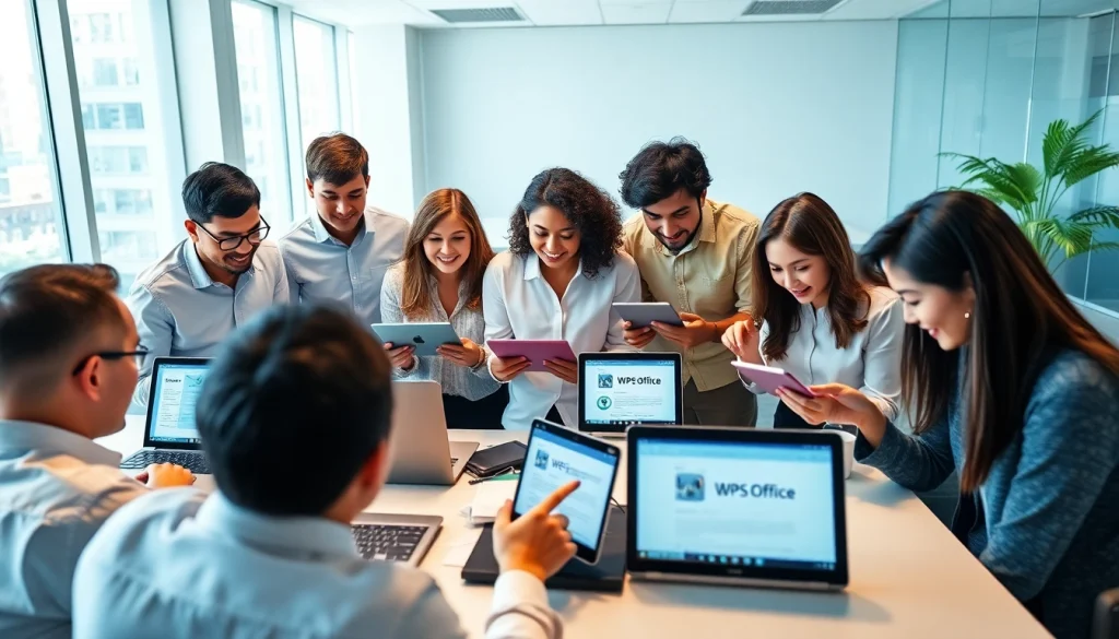 Engaged team using WPS下载 software in a modern office setting.