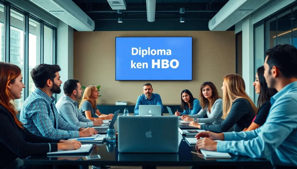 Engaged professionals discussing Diploma kopen hbo in a modern office setting.