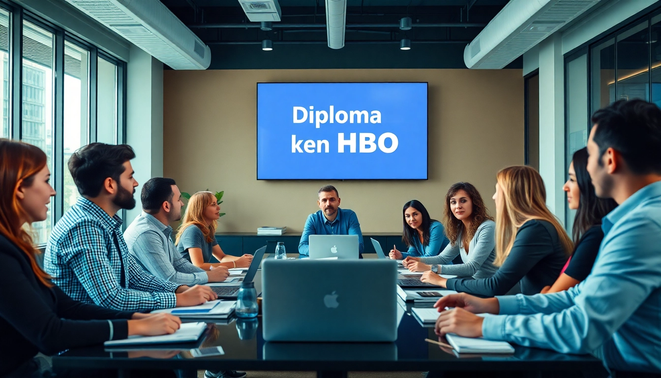 Engaged professionals discussing Diploma kopen hbo in a modern office setting.